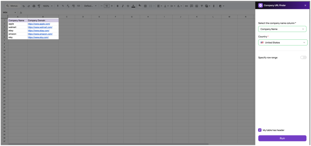 Select columns in Company URL Finder Google Sheets Add on